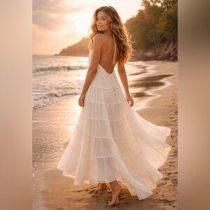 Free People White Boho Maxi Dress Backless Tiered Romantic Beachy